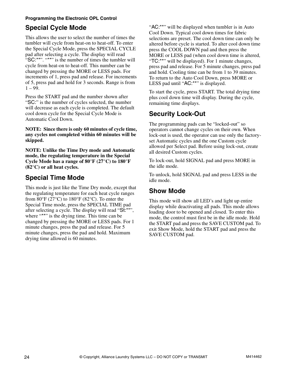 Special cycle mode, Special time mode, Security lock-out | Show mode | Alliance Laundry Systems T453I User Manual | Page 26 / 68