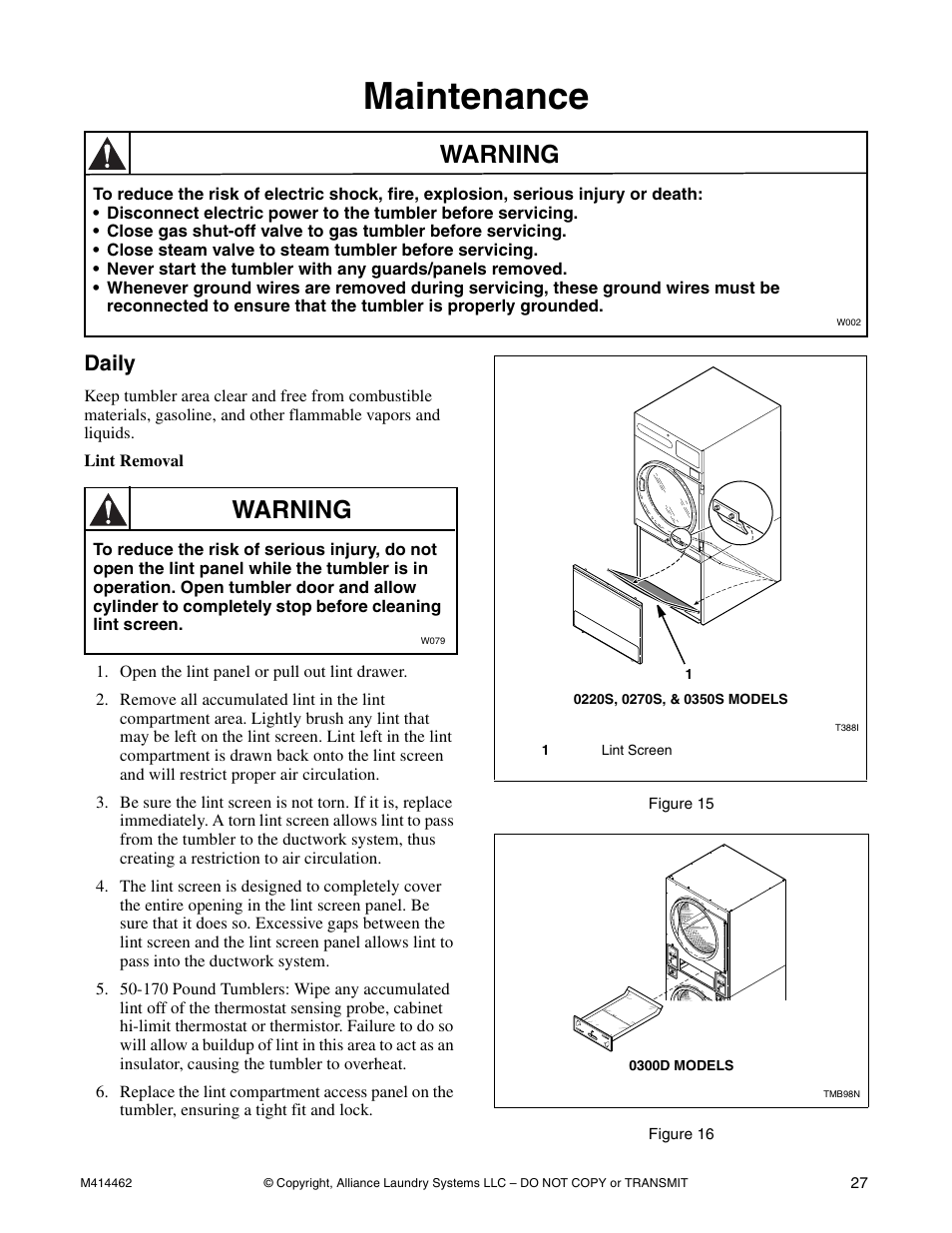 Maintenance, Warning, Daily | Alliance Laundry Systems T453I User Manual | Page 29 / 68