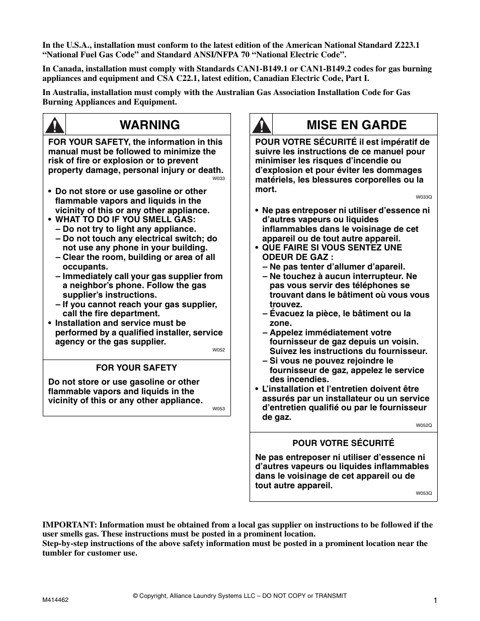 Warning, Mise en garde | Alliance Laundry Systems T453I User Manual | Page 3 / 68