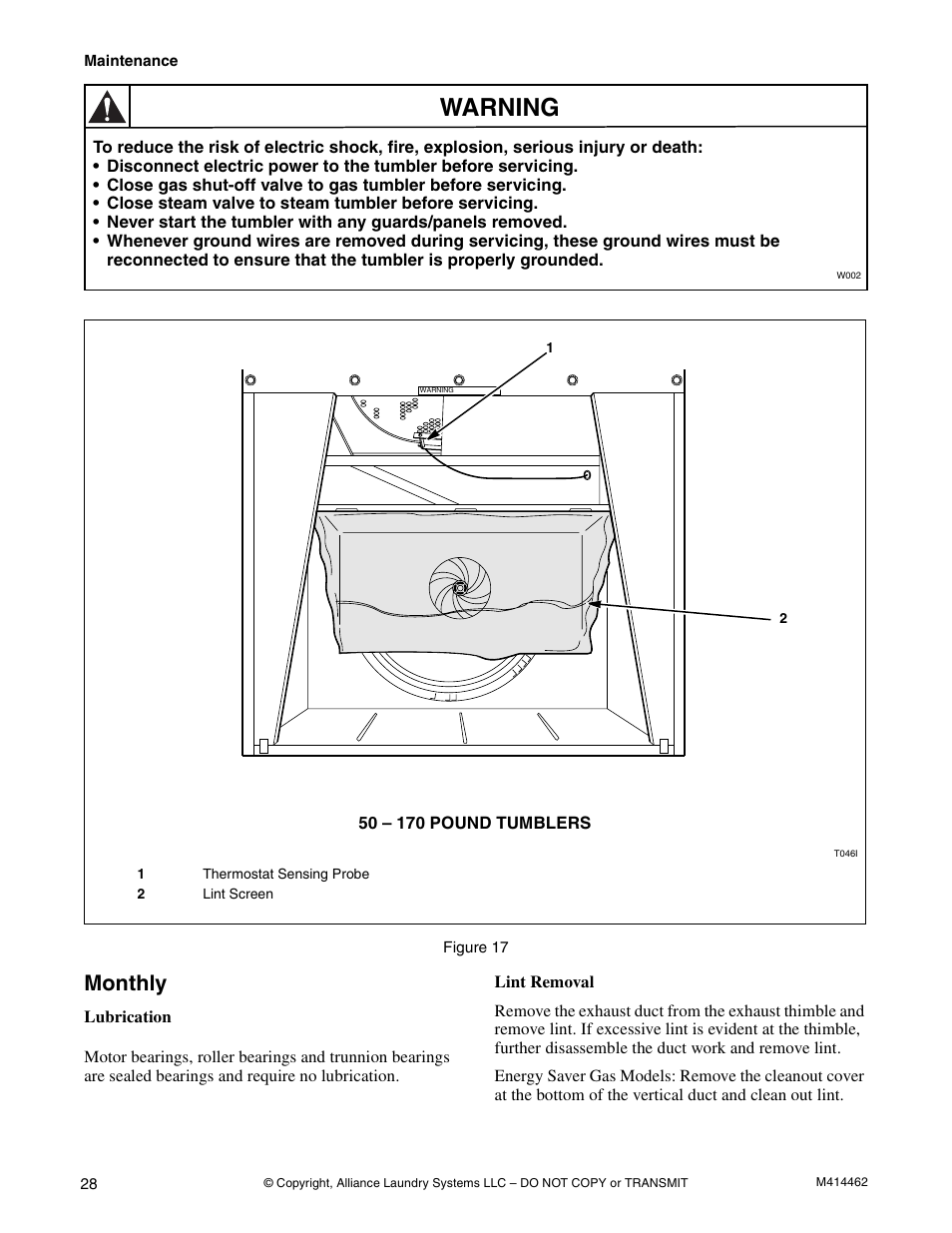 Warning, Monthly | Alliance Laundry Systems T453I User Manual | Page 30 / 68