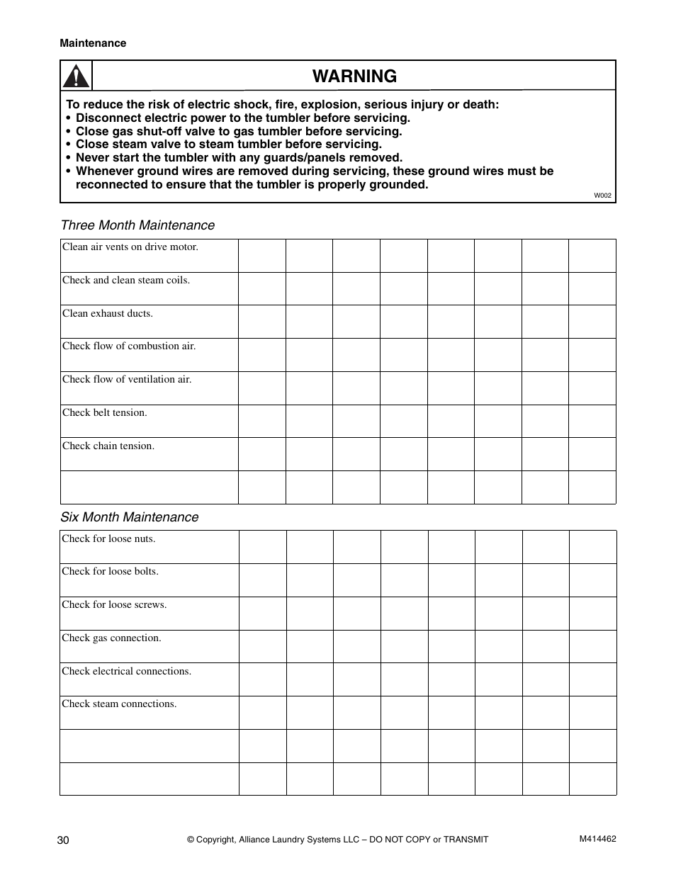 Warning | Alliance Laundry Systems T453I User Manual | Page 32 / 68