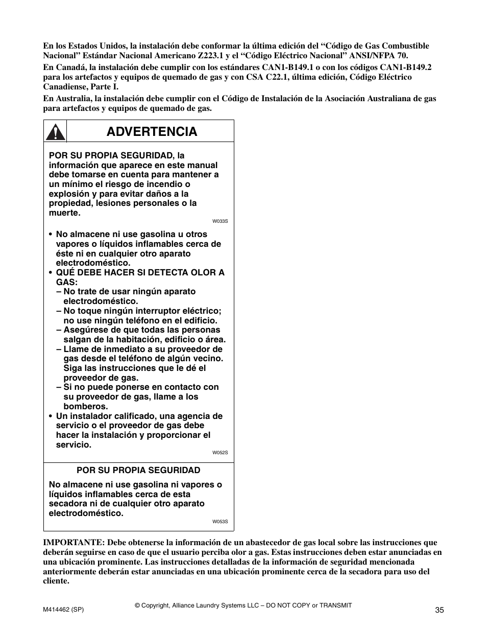 Advertencia | Alliance Laundry Systems T453I User Manual | Page 37 / 68