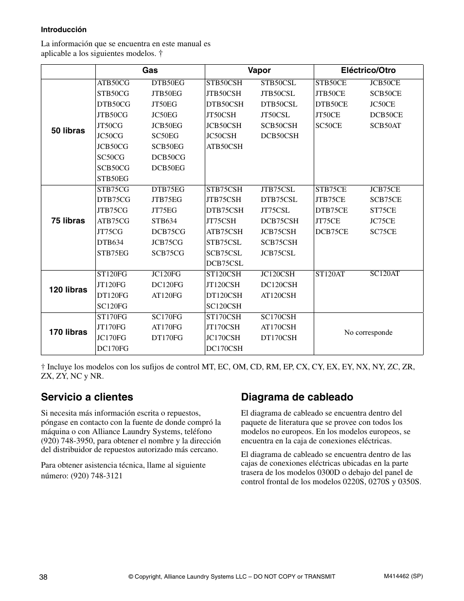 Servicio a clientes, Diagrama de cableado | Alliance Laundry Systems T453I User Manual | Page 40 / 68