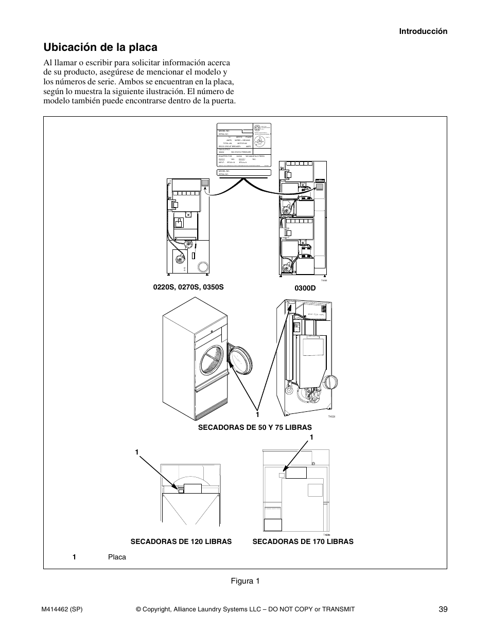 Ubicación de la placa, Introducción 39, Figura 1 | 1placa, Amplfiedrer, Secadoras de 120 | Alliance Laundry Systems T453I User Manual | Page 41 / 68