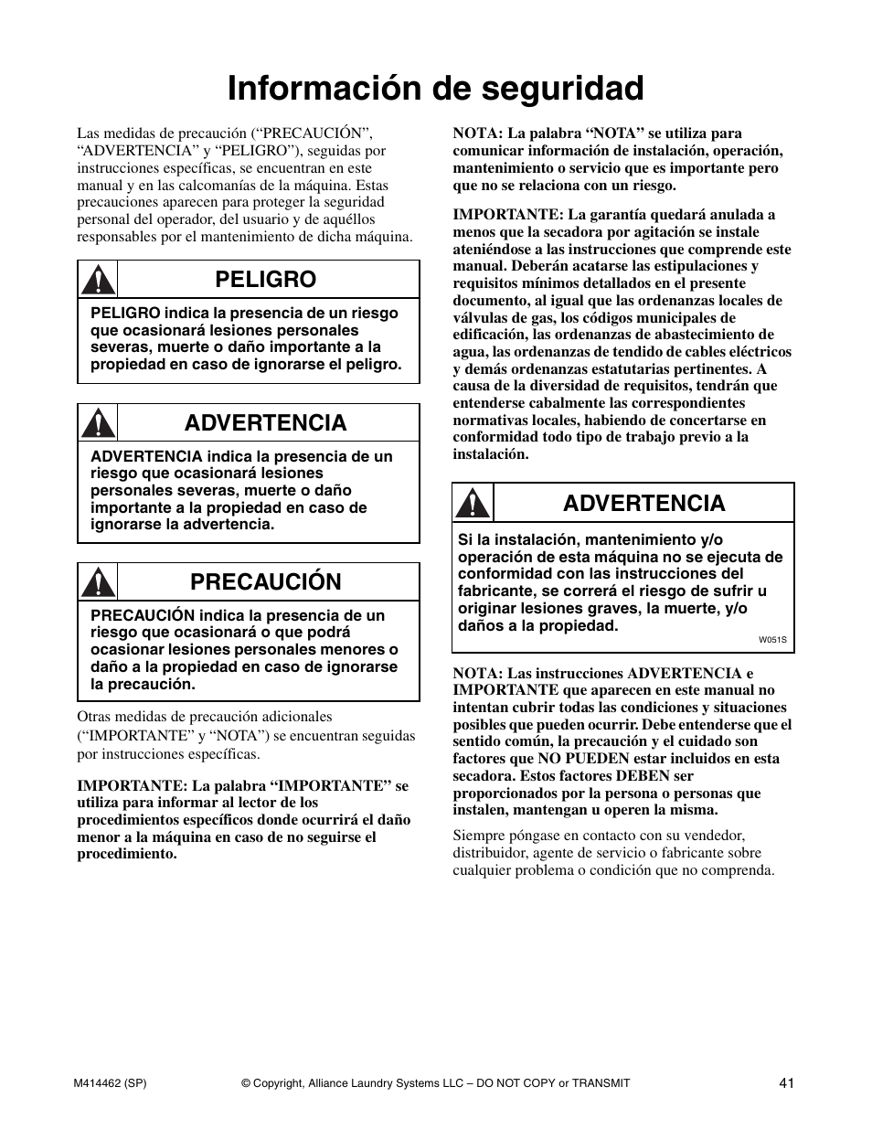 Información de seguridad, Peligro, Advertencia | Precaución | Alliance Laundry Systems T453I User Manual | Page 43 / 68