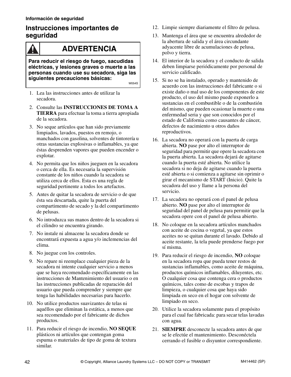 Advertencia, Instrucciones importantes de seguridad | Alliance Laundry Systems T453I User Manual | Page 44 / 68