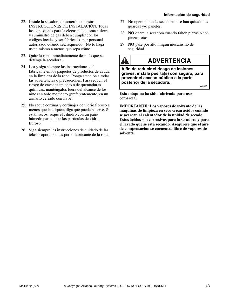 Advertencia | Alliance Laundry Systems T453I User Manual | Page 45 / 68