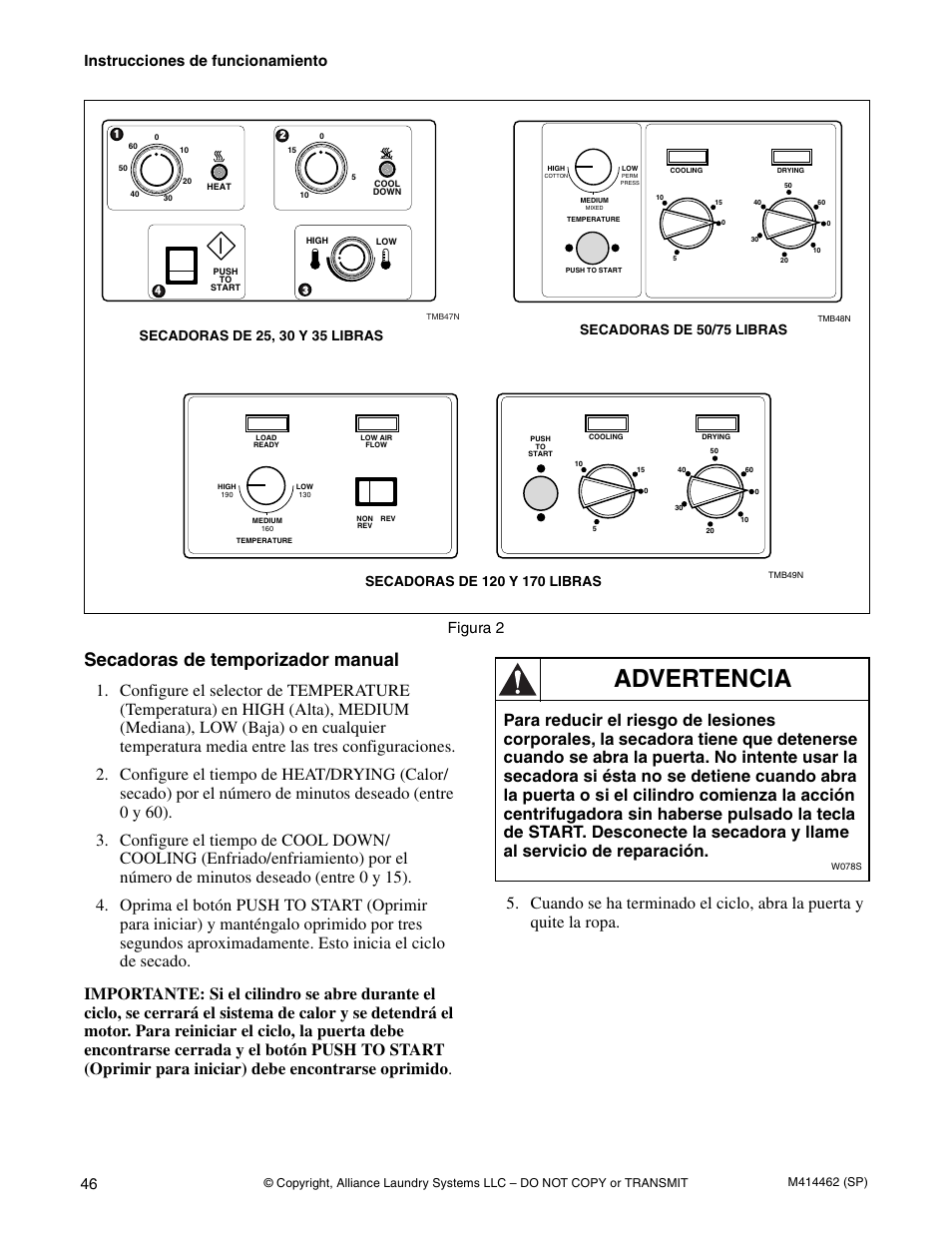 Advertencia, Secadoras de temporizador manual, Instrucciones de funcionamiento | 46 figura 2 | Alliance Laundry Systems T453I User Manual | Page 48 / 68