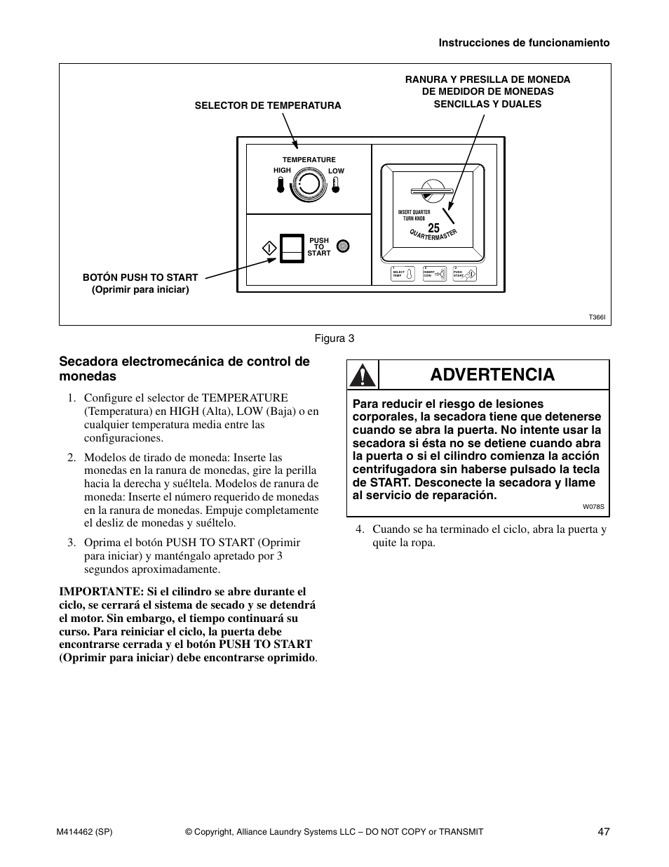 Advertencia, Secadora electromecánica de control de monedas | Alliance Laundry Systems T453I User Manual | Page 49 / 68