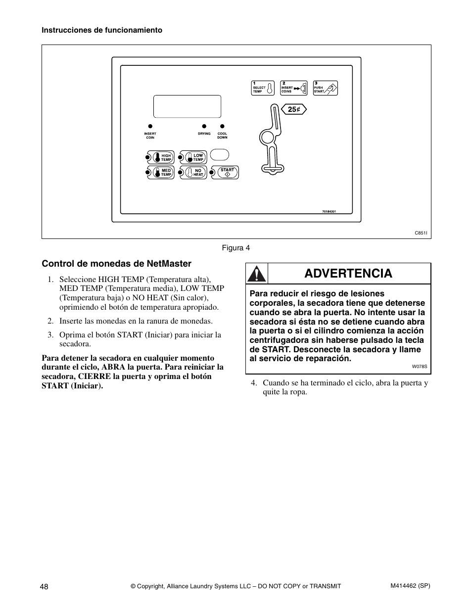 Advertencia | Alliance Laundry Systems T453I User Manual | Page 50 / 68