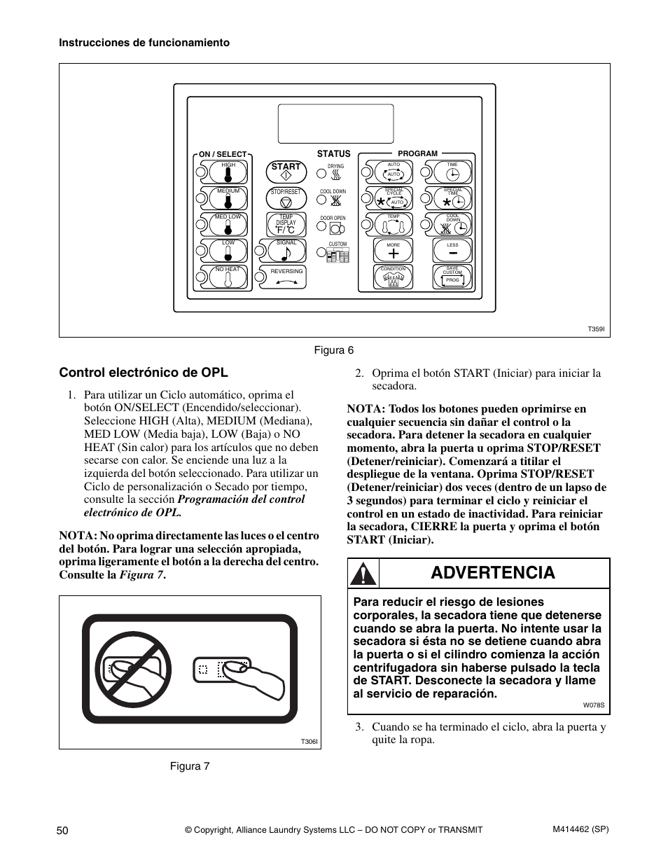 Advertencia, Control electrónico de opl | Alliance Laundry Systems T453I User Manual | Page 52 / 68