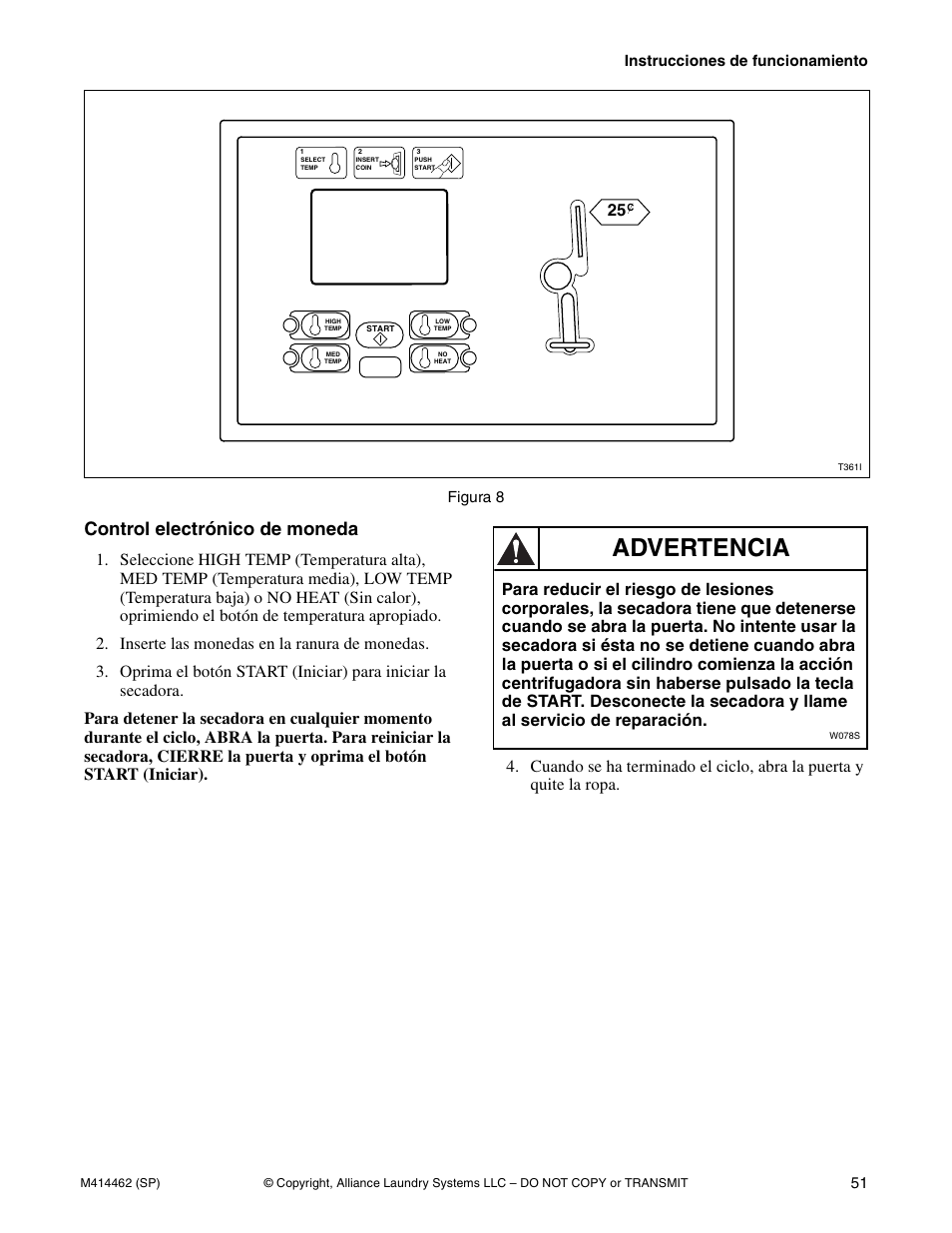 Advertencia, Control electrónico de moneda, Instrucciones de funcionamiento 51 | Figura 8 | Alliance Laundry Systems T453I User Manual | Page 53 / 68