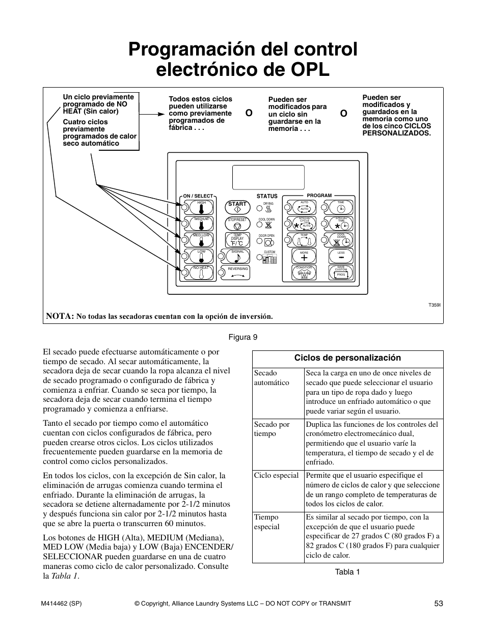 Programación del control electrónico de opl, Nota, Ciclos de personalización | Alliance Laundry Systems T453I User Manual | Page 55 / 68