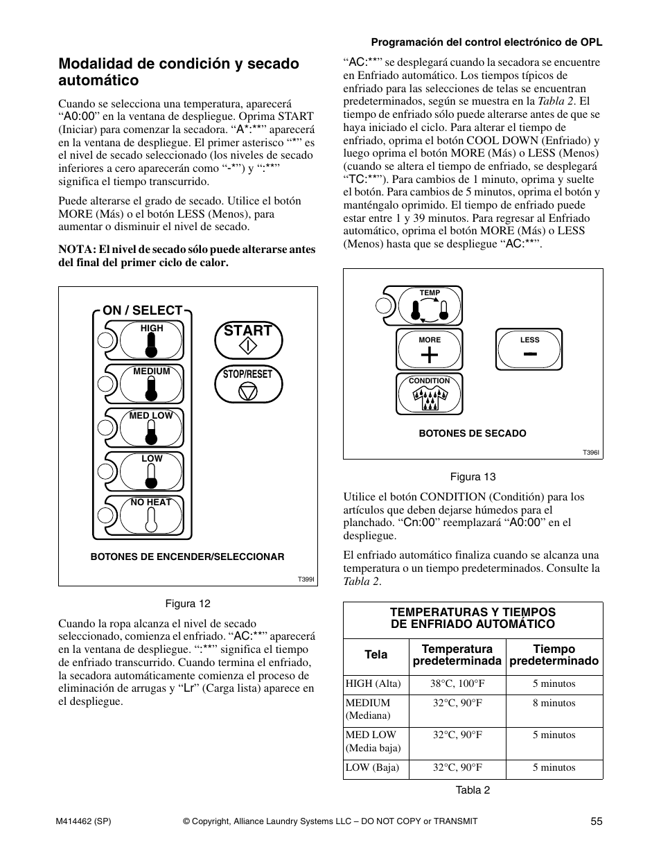 Modalidad de condición y secado automático, Start | Alliance Laundry Systems T453I User Manual | Page 57 / 68