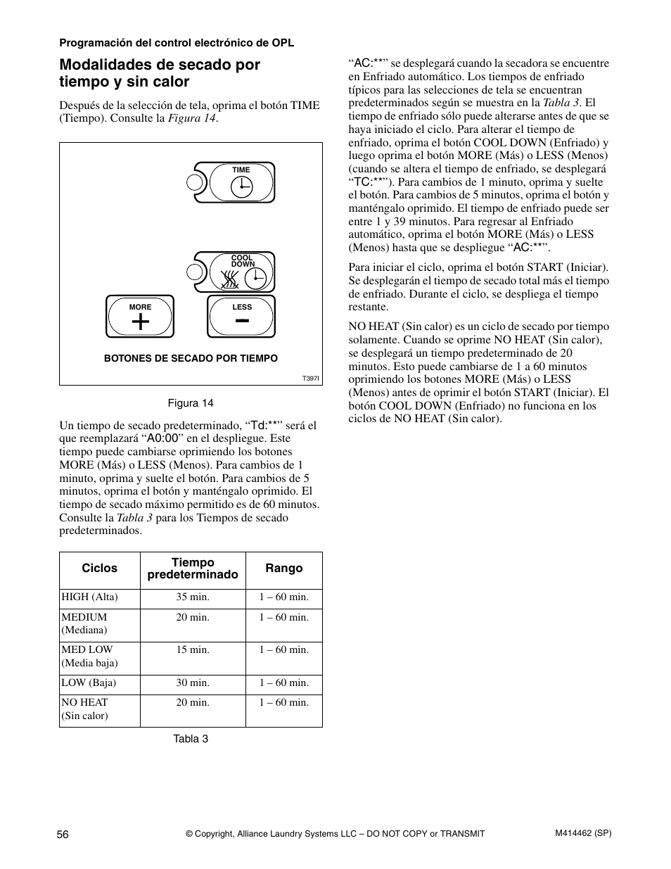 Modalidades de secado por tiempo y sin calor | Alliance Laundry Systems T453I User Manual | Page 58 / 68