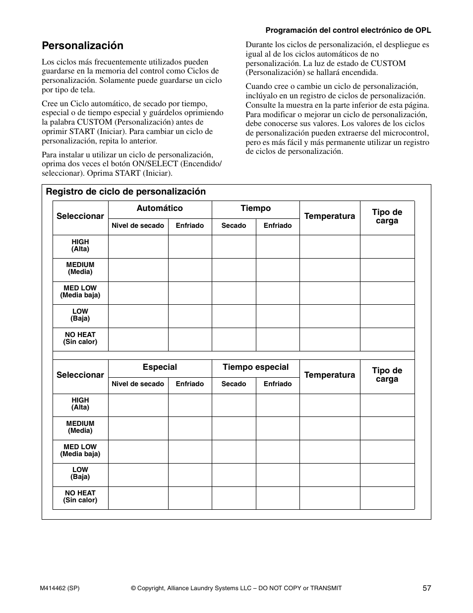 Personalización | Alliance Laundry Systems T453I User Manual | Page 59 / 68