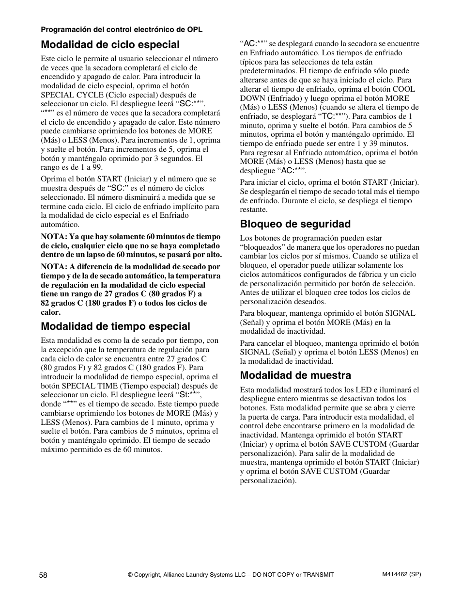 Modalidad de ciclo especial, Modalidad de tiempo especial, Bloqueo de seguridad | Modalidad de muestra | Alliance Laundry Systems T453I User Manual | Page 60 / 68