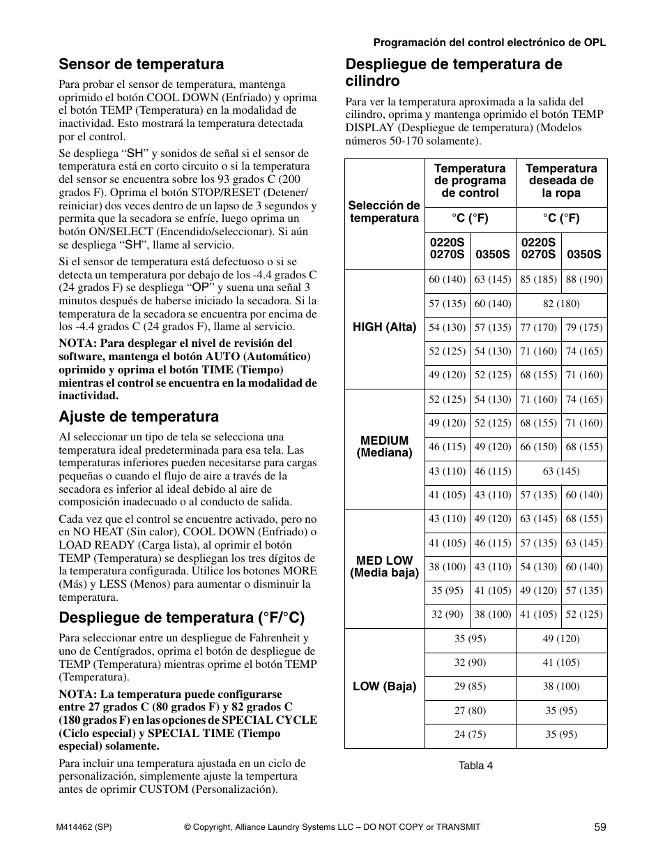 Sensor de temperatura, Ajuste de temperatura, Despliegue de temperatura (°f/°c) | Despliegue de temperatura de cilindro | Alliance Laundry Systems T453I User Manual | Page 61 / 68