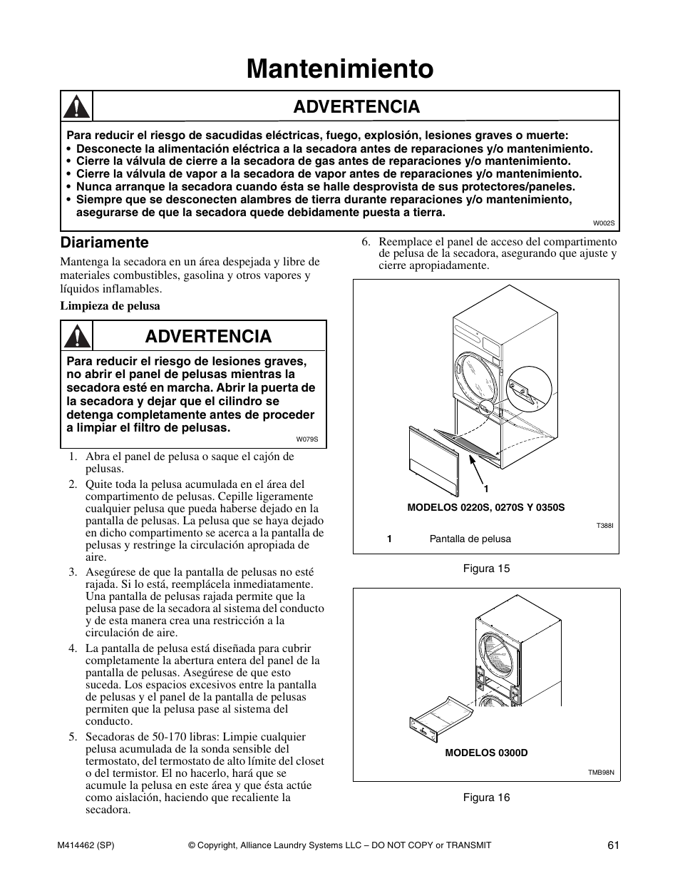 Mantenimiento, Advertencia, Diariamente | Alliance Laundry Systems T453I User Manual | Page 63 / 68