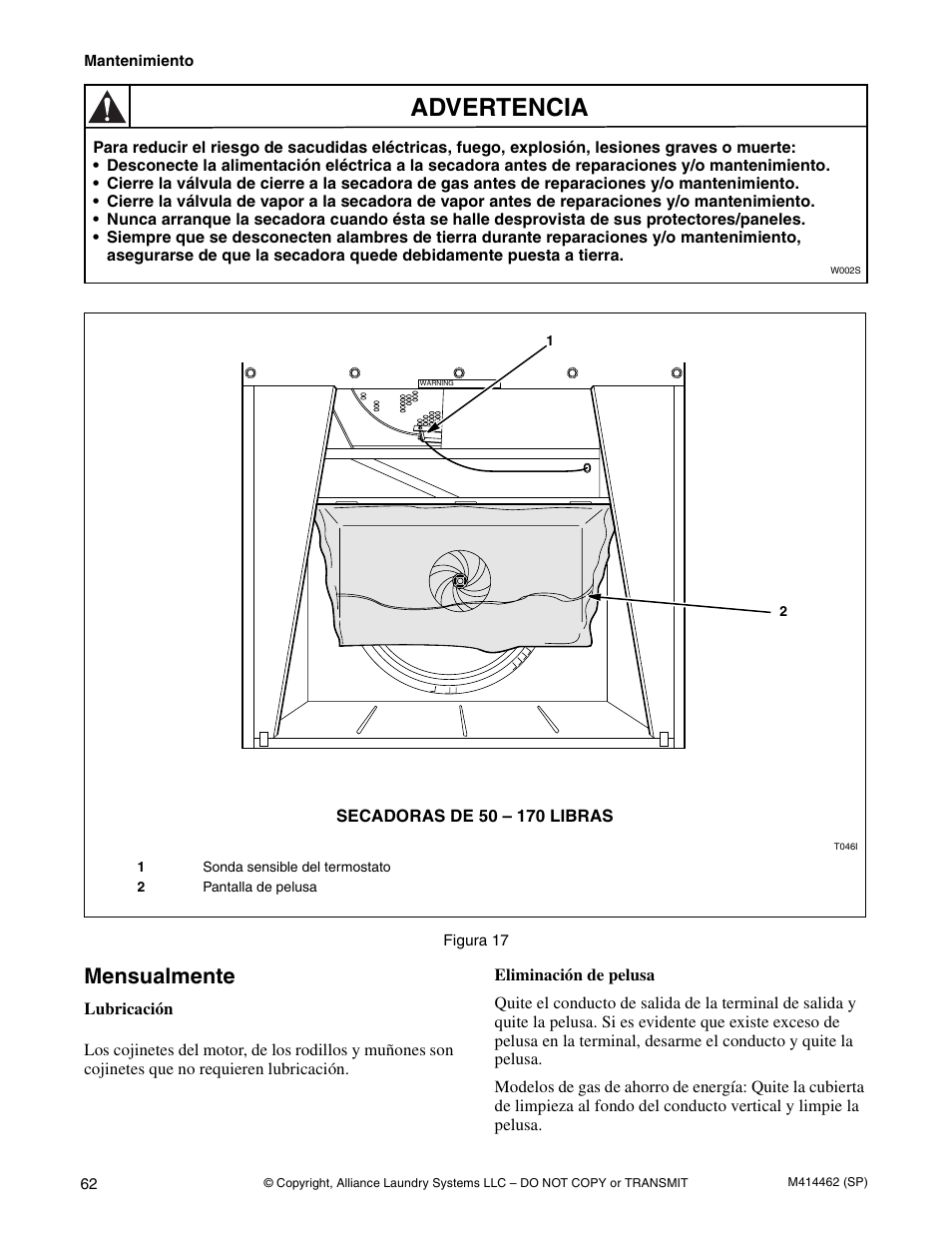 Advertencia, Mensualmente | Alliance Laundry Systems T453I User Manual | Page 64 / 68