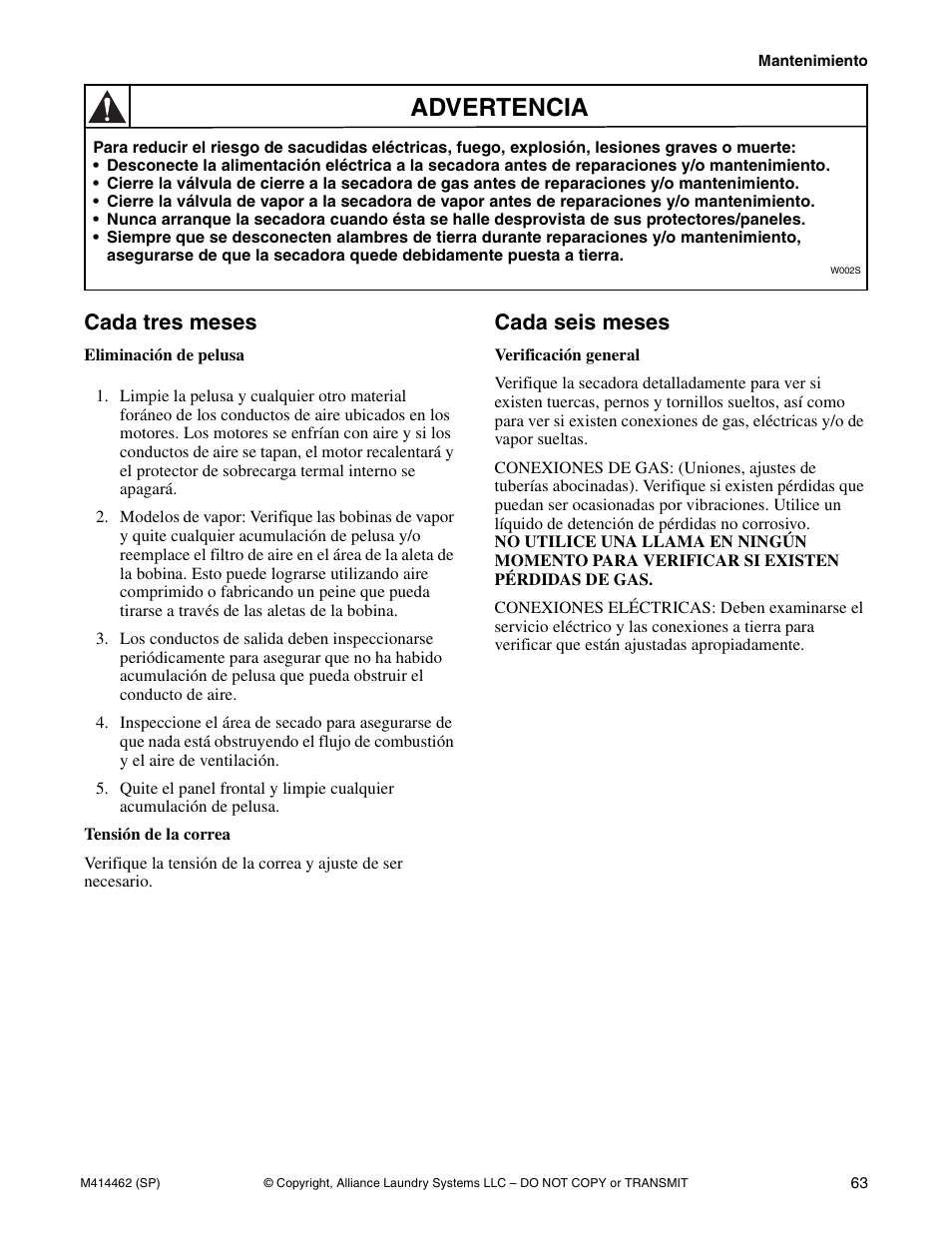 Advertencia, Cada tres meses, Cada seis meses | Alliance Laundry Systems T453I User Manual | Page 65 / 68