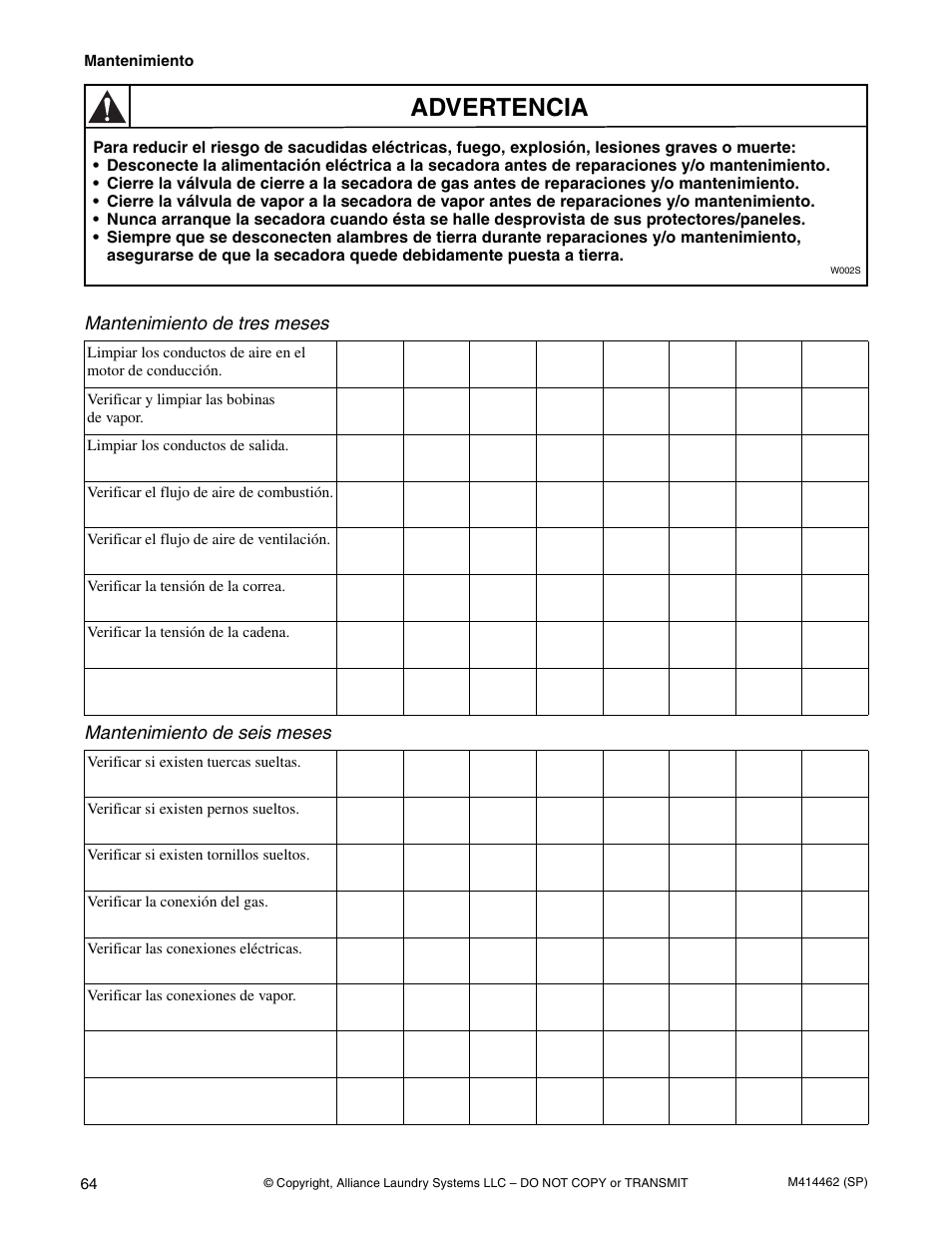 Advertencia | Alliance Laundry Systems T453I User Manual | Page 66 / 68