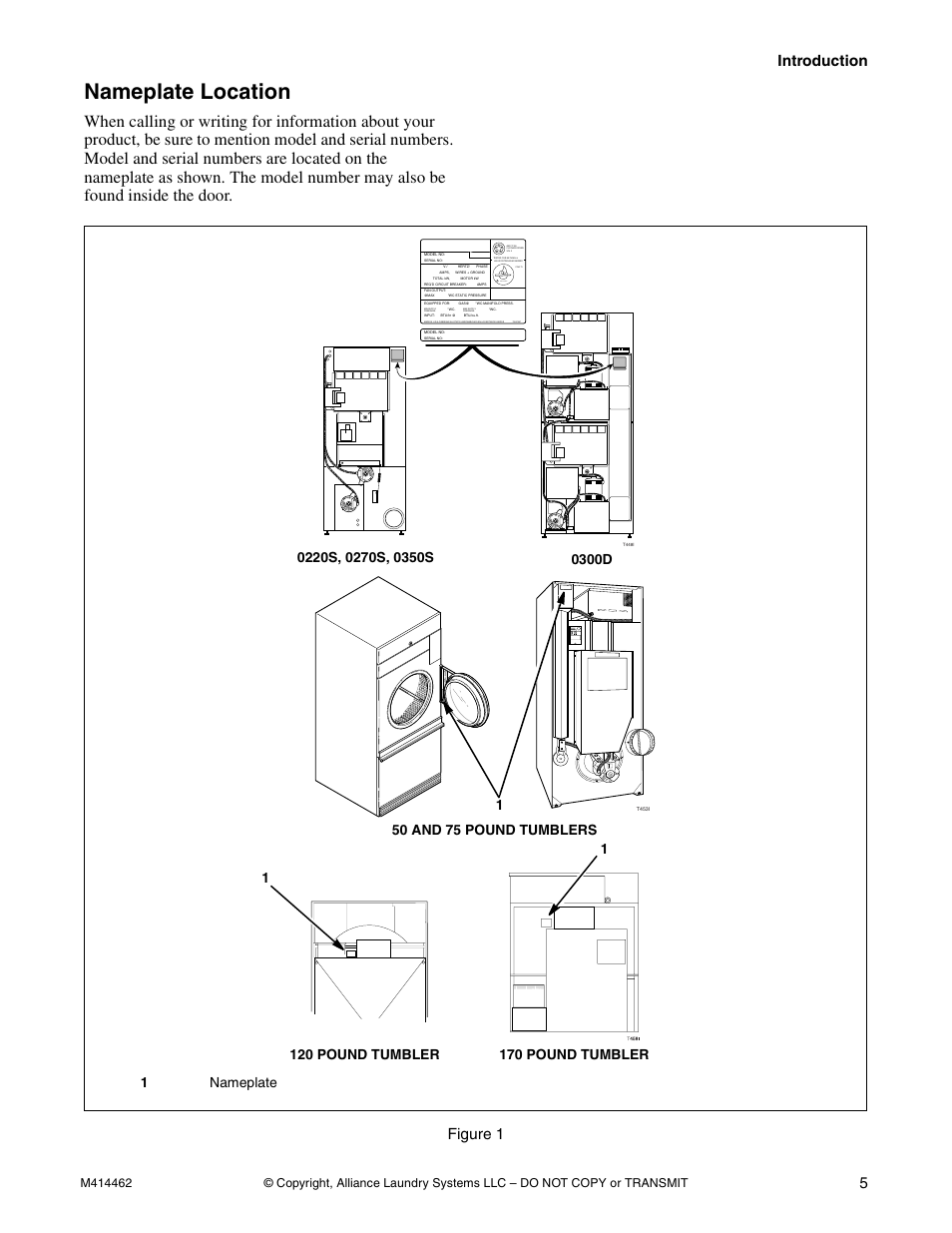 Nameplate location, Introduction 5, Figure 1 | 1nameplate, Amplfiedrer | Alliance Laundry Systems T453I User Manual | Page 7 / 68