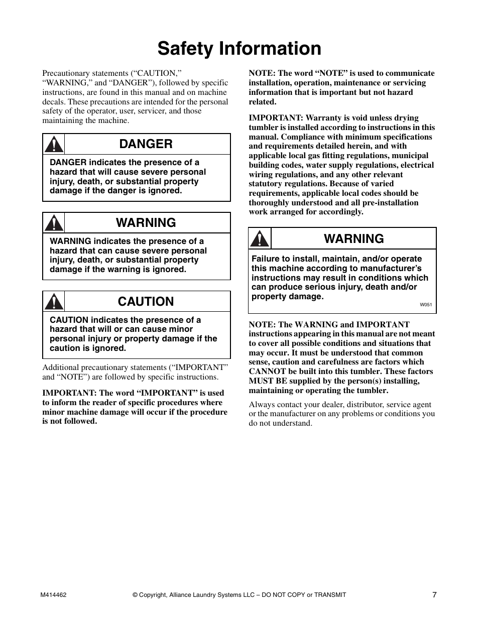 Safety information, Danger, Warning | Caution | Alliance Laundry Systems T453I User Manual | Page 9 / 68