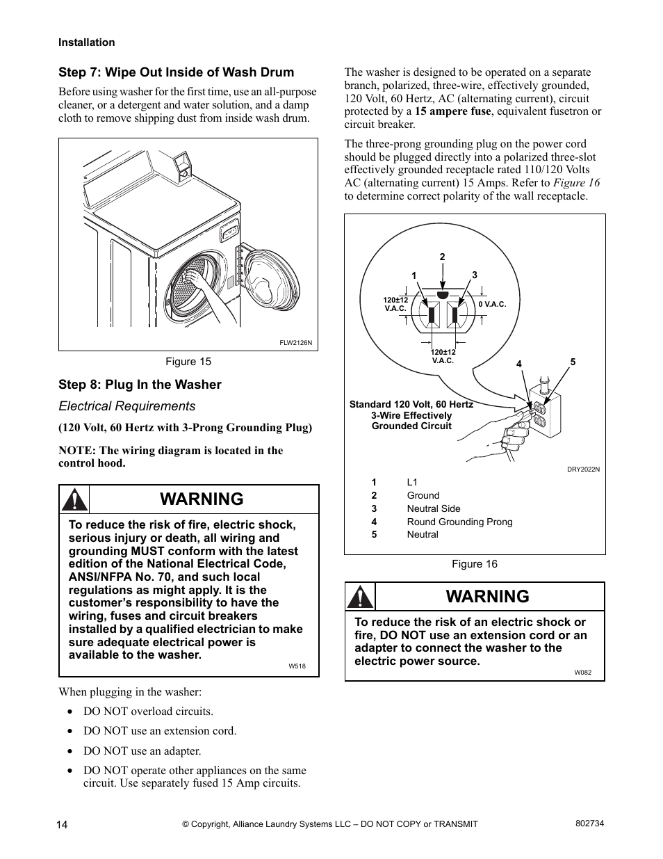 Warning | Alliance Laundry Systems FRONTLOAD WASHERS FLW1526C User Manual | Page 16 / 40