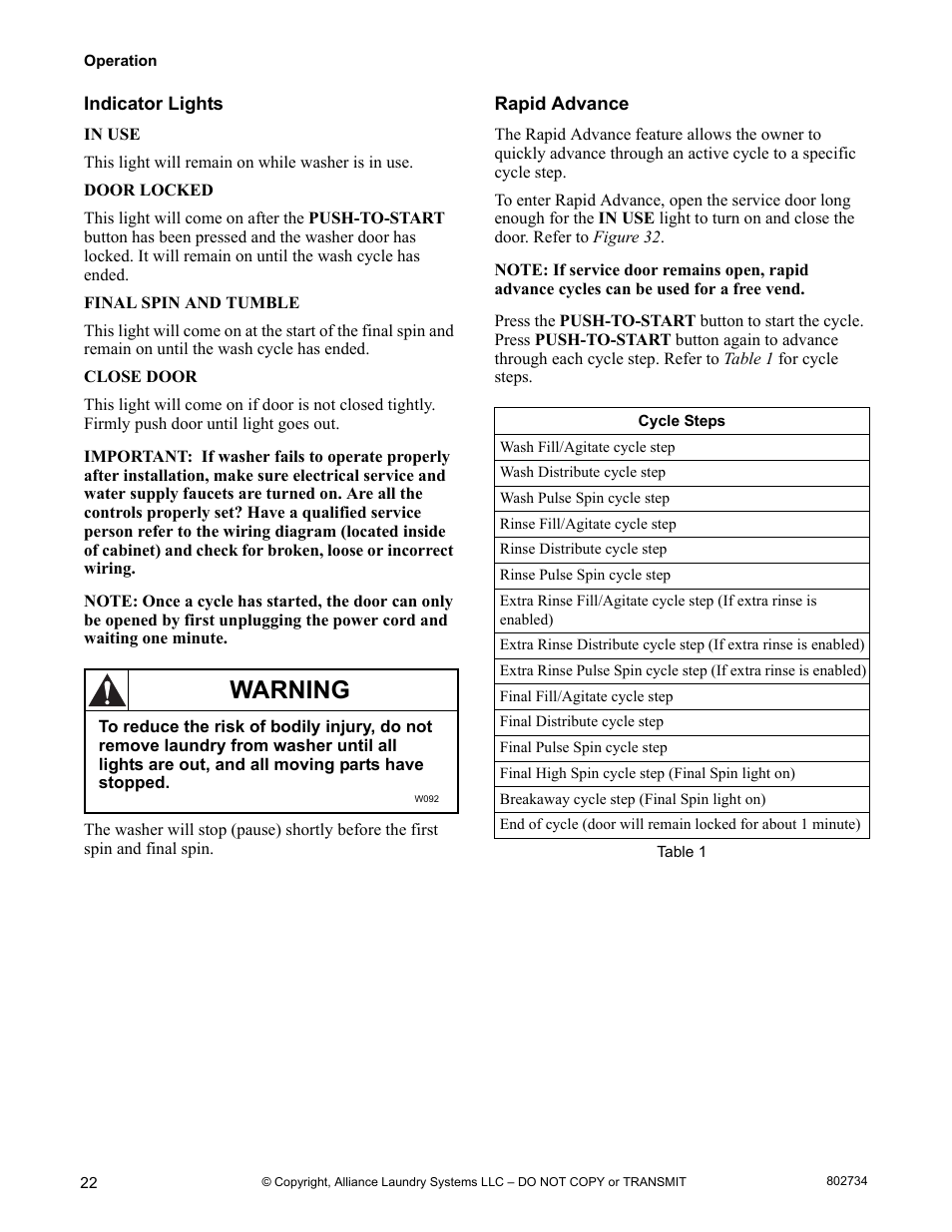 Indicator lights rapid advance, Warning | Alliance Laundry Systems FRONTLOAD WASHERS FLW1526C User Manual | Page 24 / 40