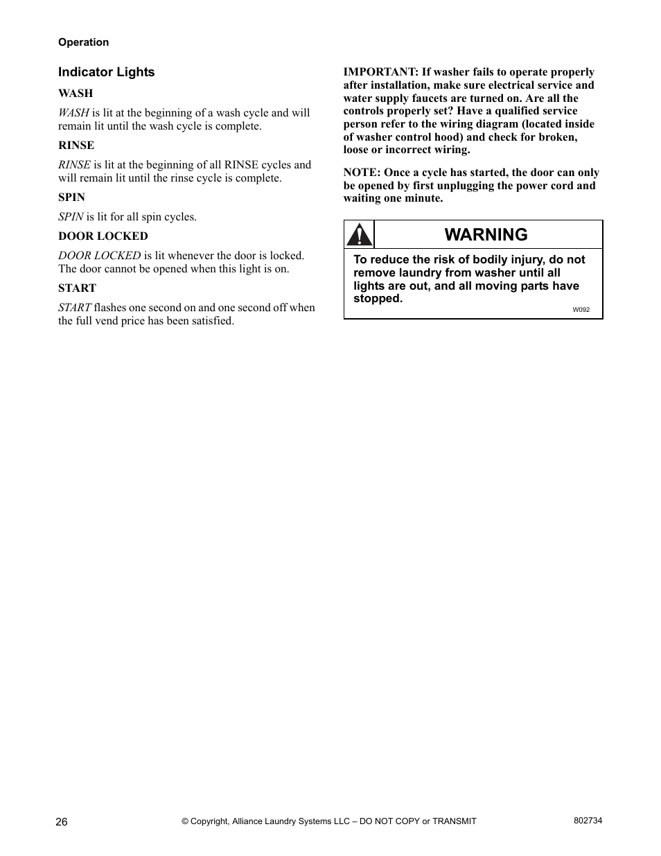 Indicator lights, Warning | Alliance Laundry Systems FRONTLOAD WASHERS FLW1526C User Manual | Page 28 / 40