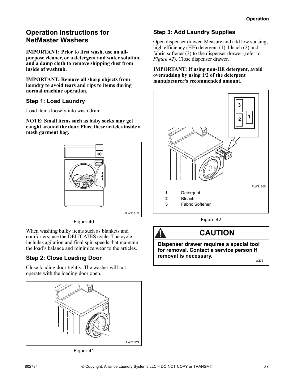 Operation instructions for netmaster washers, Caution | Alliance Laundry Systems FRONTLOAD WASHERS FLW1526C User Manual | Page 29 / 40