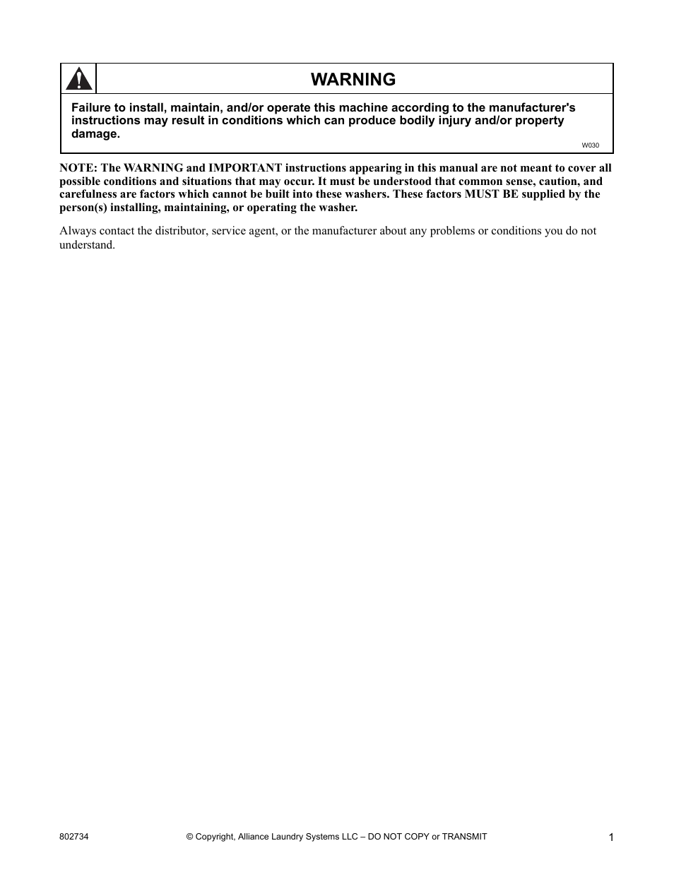 Warning | Alliance Laundry Systems FRONTLOAD WASHERS FLW1526C User Manual | Page 3 / 40