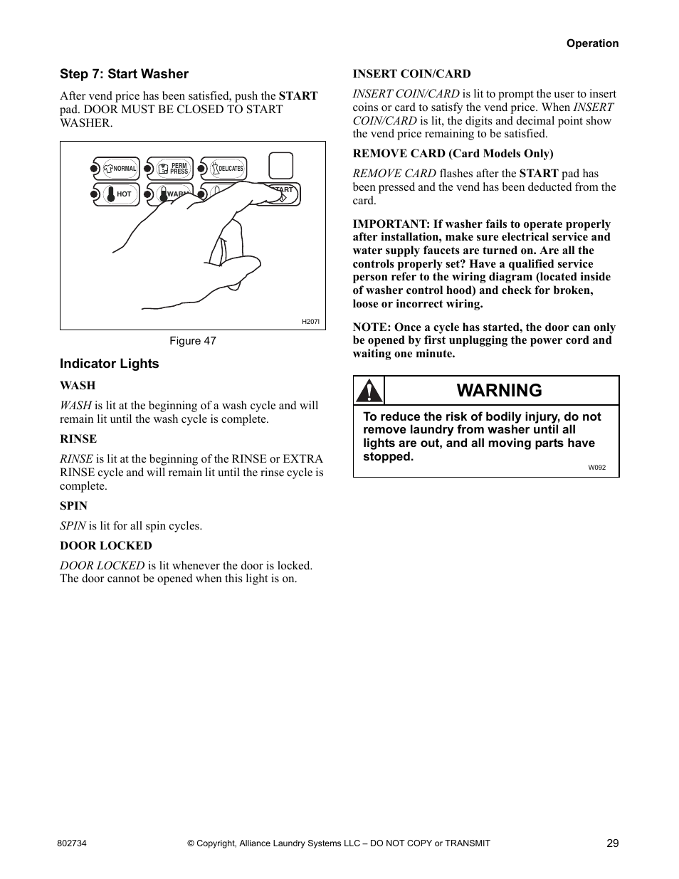 Step 7: start washer indicator lights, Warning | Alliance Laundry Systems FRONTLOAD WASHERS FLW1526C User Manual | Page 31 / 40