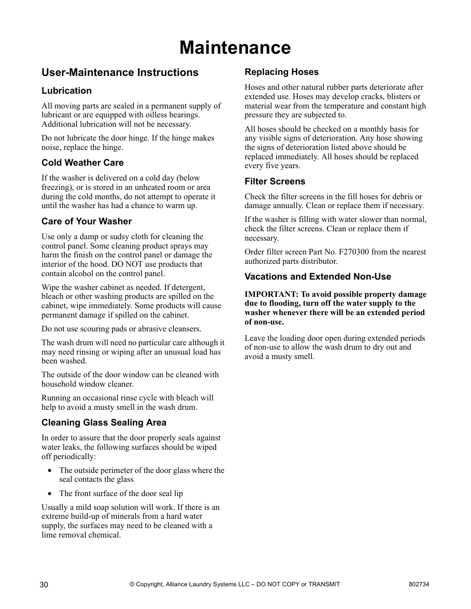 Maintenance, User-maintenance instructions | Alliance Laundry Systems FRONTLOAD WASHERS FLW1526C User Manual | Page 32 / 40