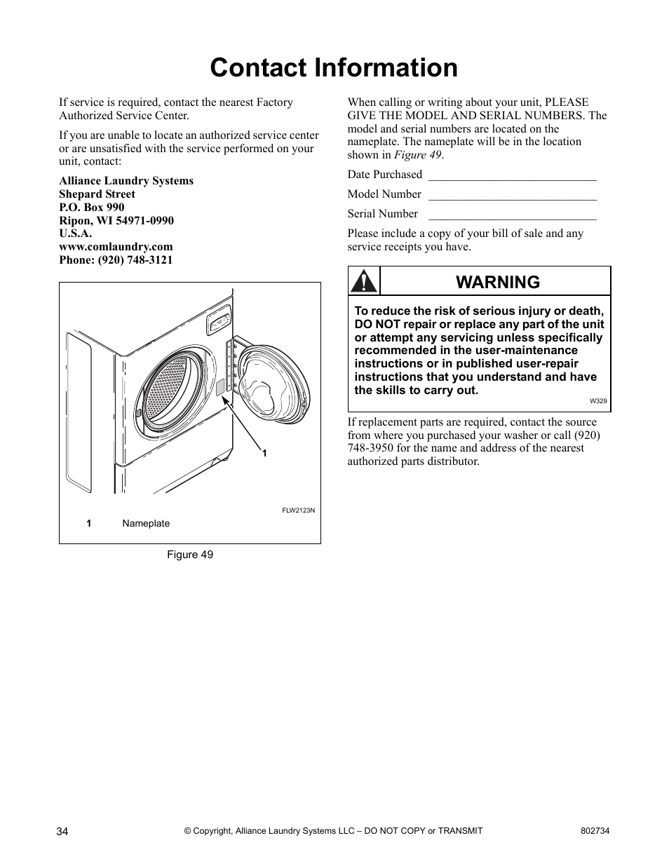 Contact information, Warning | Alliance Laundry Systems FRONTLOAD WASHERS FLW1526C User Manual | Page 36 / 40