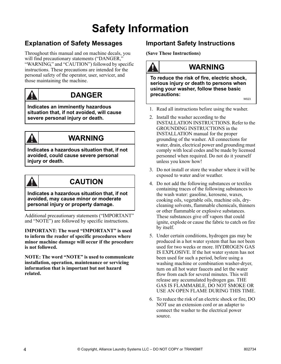 Safety information, Explanation of safety messages, Important safety instructions | Danger, Warning, Caution | Alliance Laundry Systems FRONTLOAD WASHERS FLW1526C User Manual | Page 6 / 40
