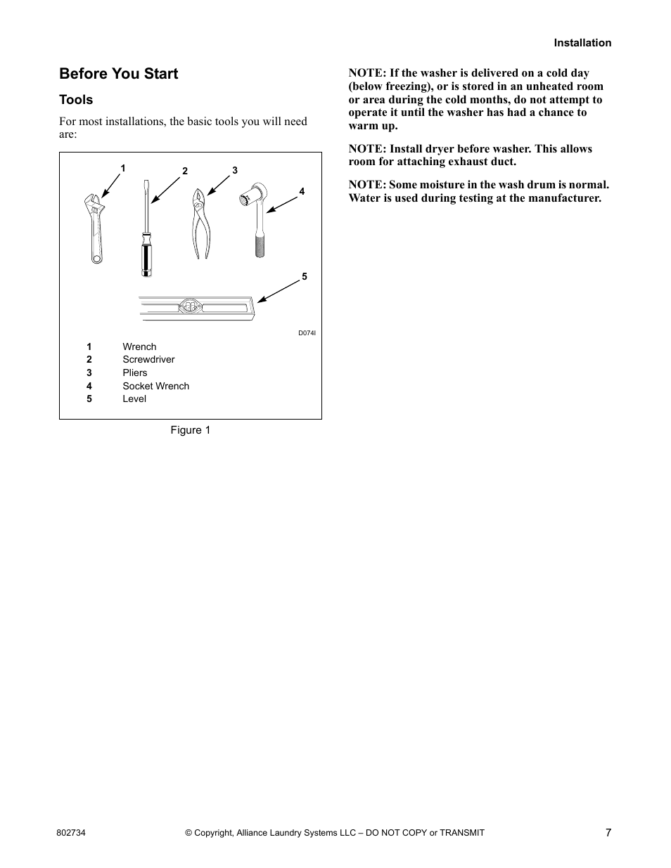 Before you start, Tools | Alliance Laundry Systems FRONTLOAD WASHERS FLW1526C User Manual | Page 9 / 40