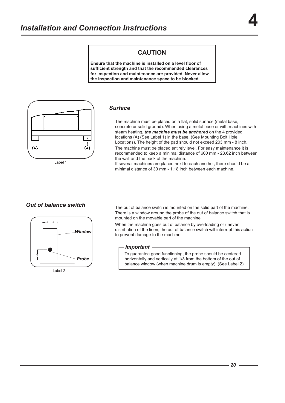 Installation and connection instructions, Caution, Surface | Out of balance switch | Alliance Laundry Systems HF150 User Manual | Page 20 / 46