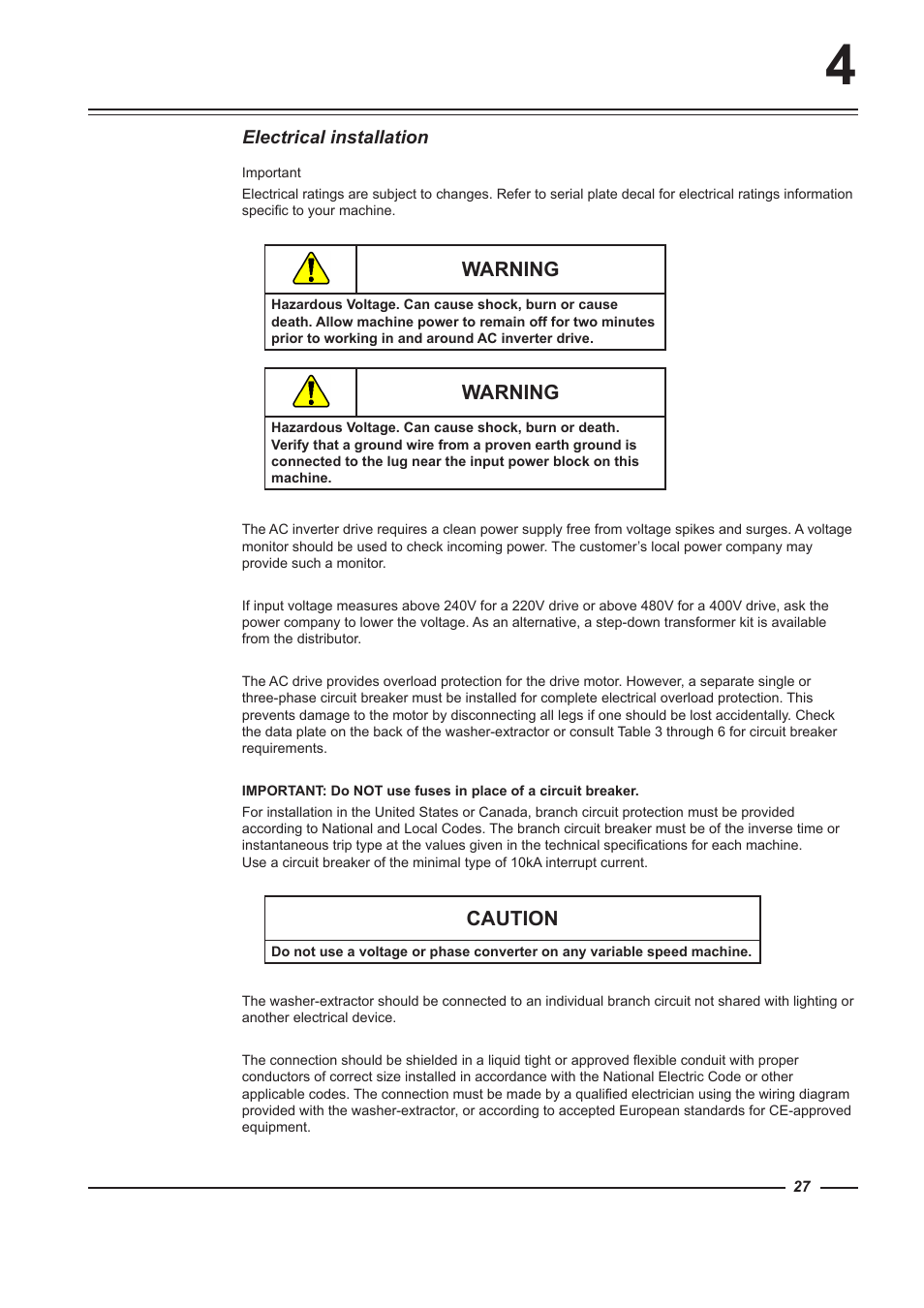 Warning, Caution | Alliance Laundry Systems HF150 User Manual | Page 27 / 46