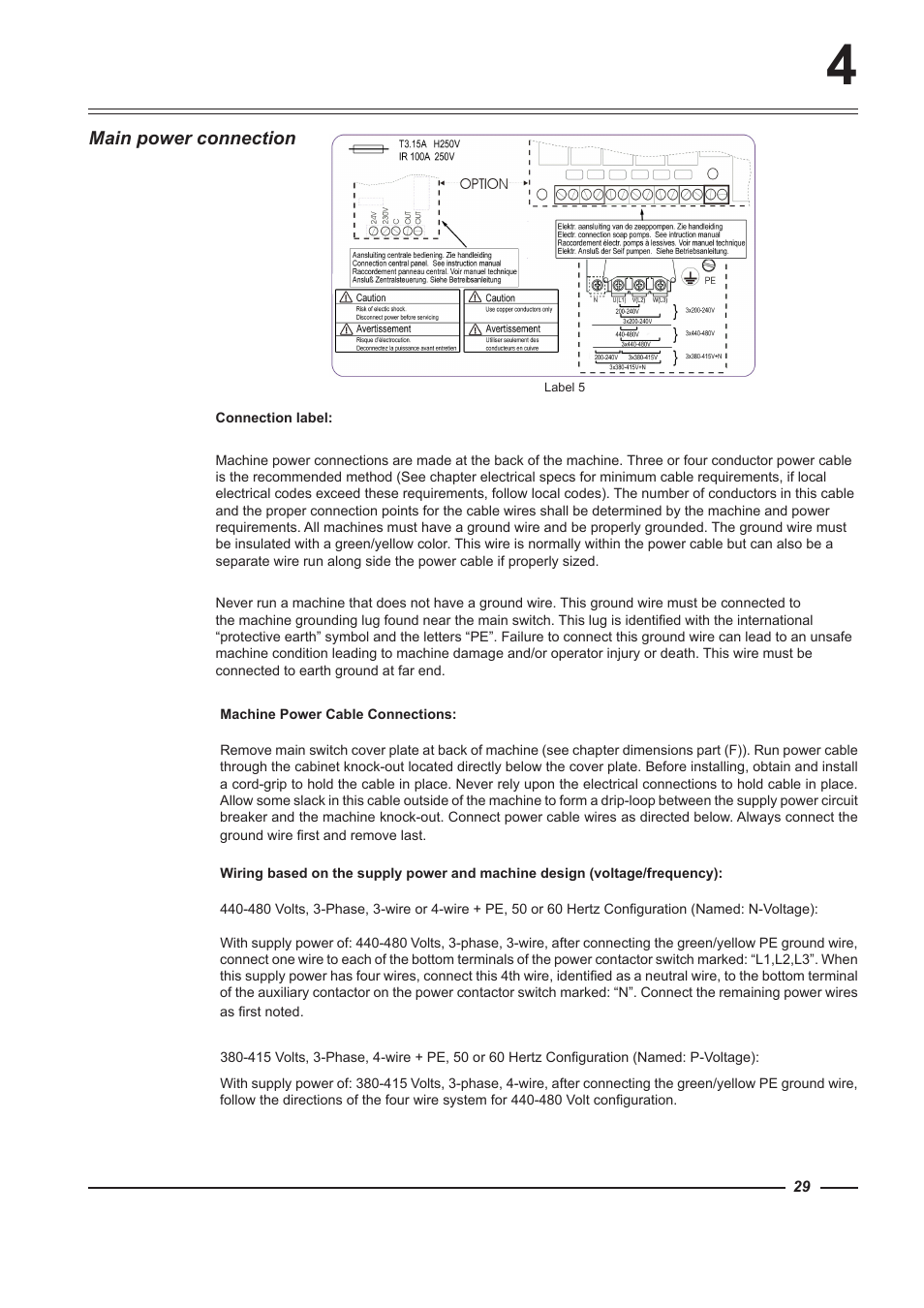 Main power connection | Alliance Laundry Systems HF150 User Manual | Page 29 / 46
