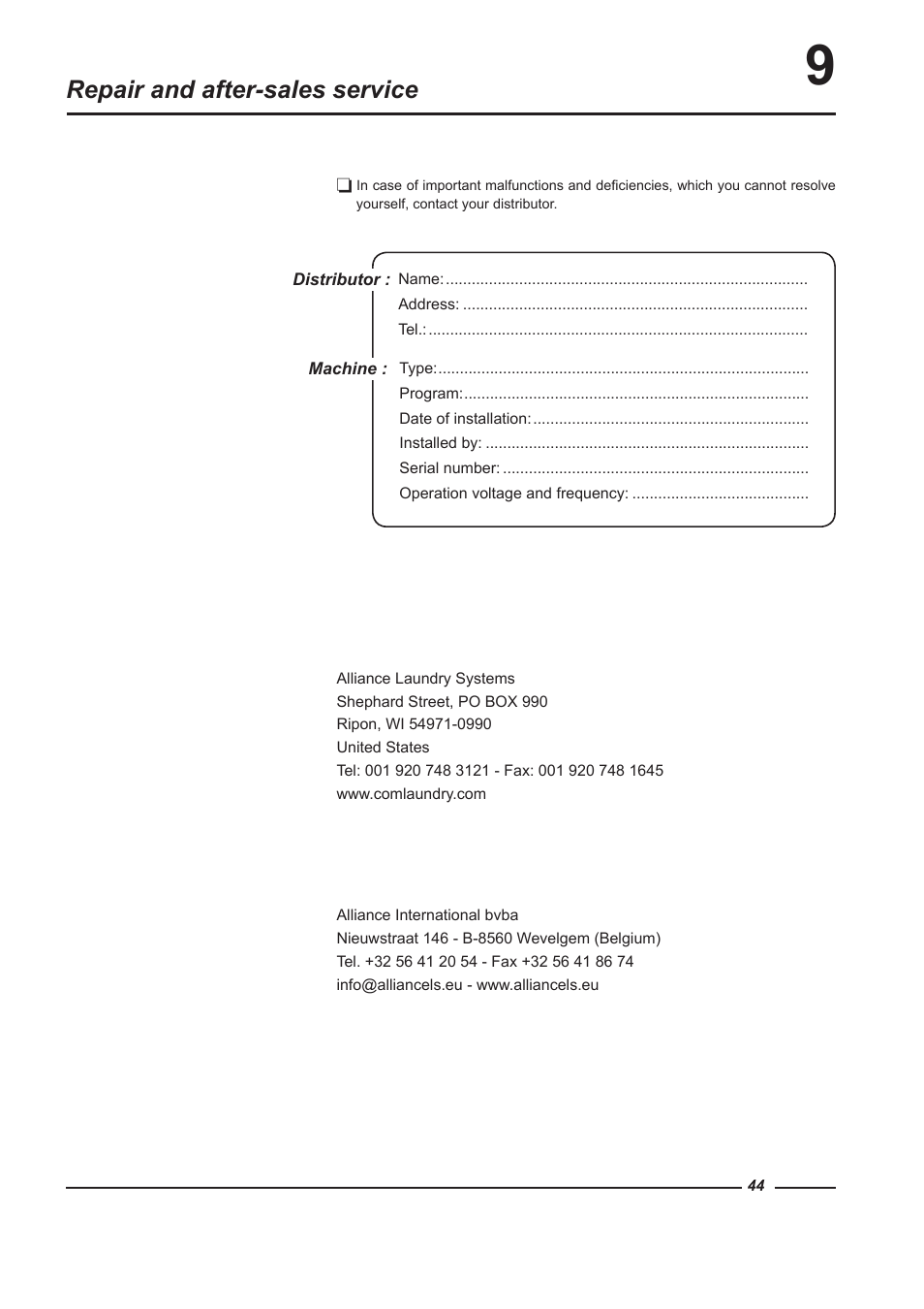 Repair and after-sales service | Alliance Laundry Systems HF150 User Manual | Page 44 / 46