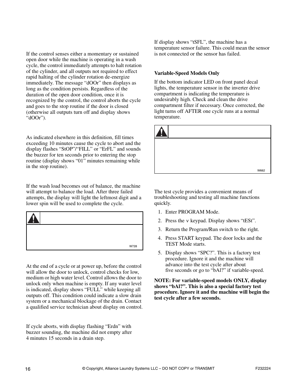 Abnormal conditions, Test cycle, Warning | Alliance Laundry Systems CHM1766C User Manual | Page 18 / 24