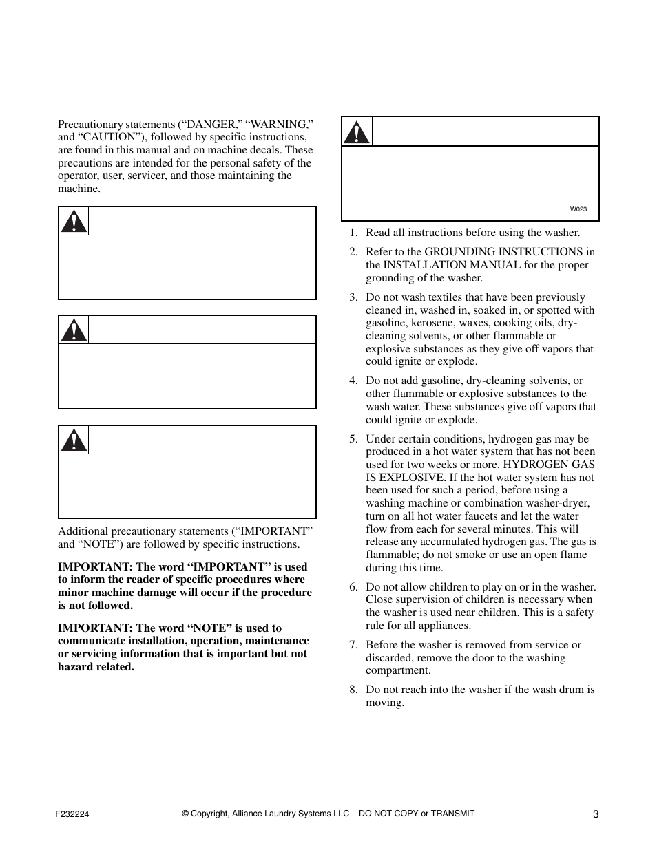 Safety information, Explanation of safety messages, Important safety instructions | Danger, Warning, Caution | Alliance Laundry Systems CHM1766C User Manual | Page 5 / 24
