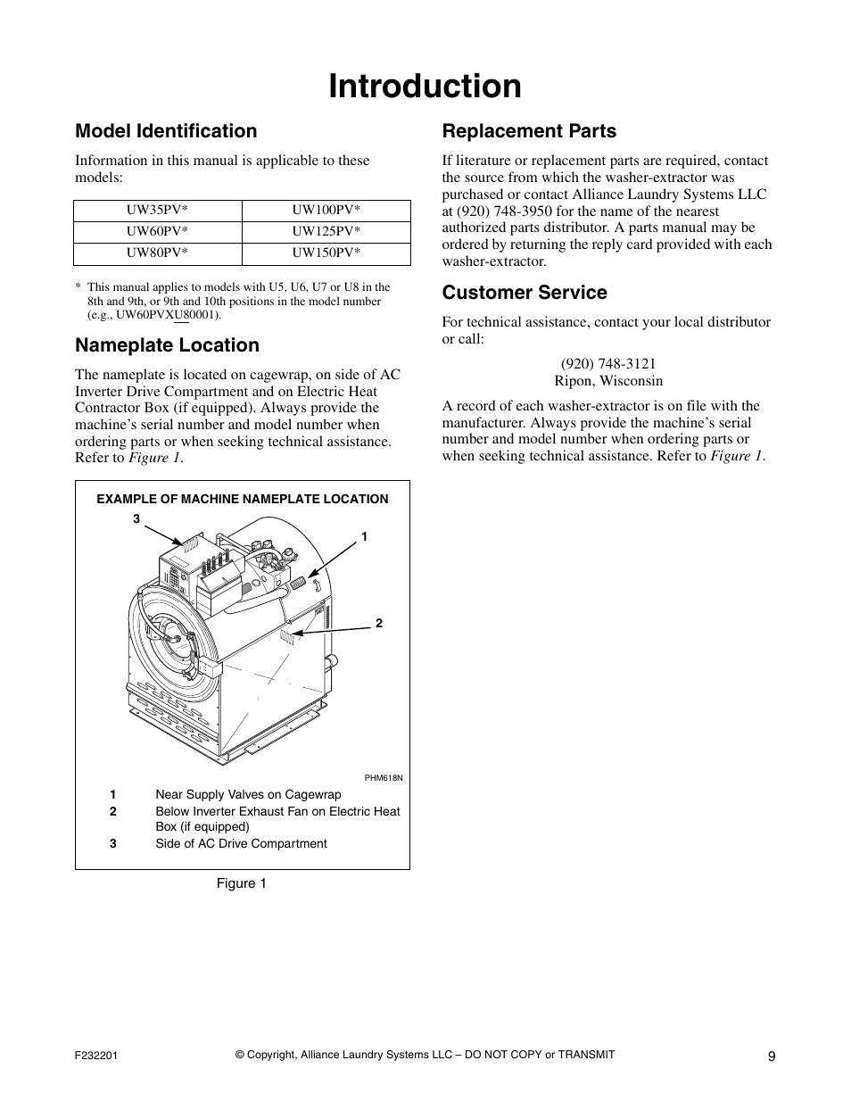 Introduction, Model identification, Nameplate location | Replacement parts, Customer service | Alliance Laundry Systems F232201R4 User Manual | Page 11 / 36