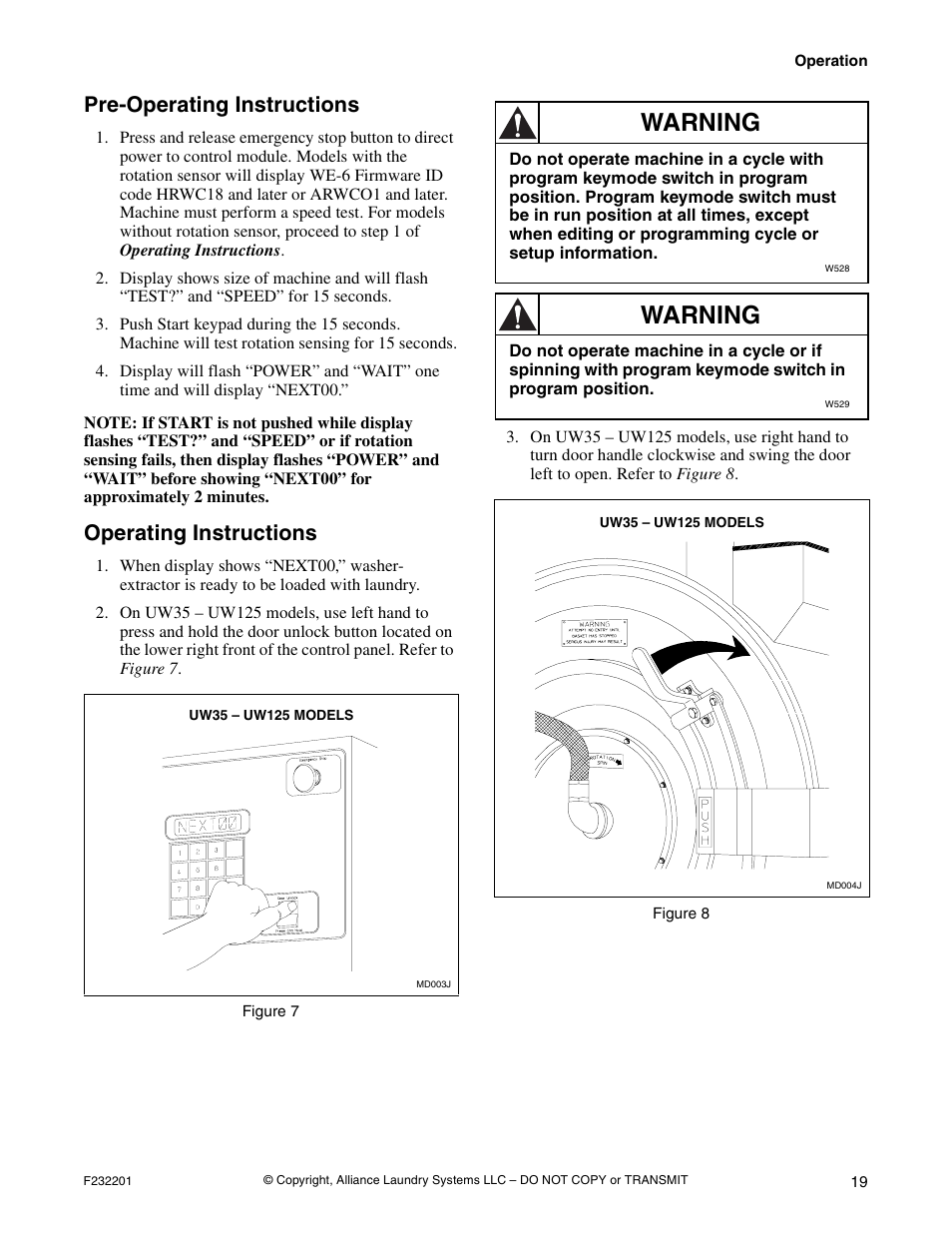 Pre-operating instructions operating instructions, Warning, Pre-operating instructions | Operating instructions | Alliance Laundry Systems F232201R4 User Manual | Page 21 / 36