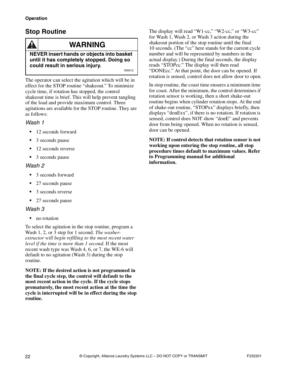 Stop routine, Warning | Alliance Laundry Systems F232201R4 User Manual | Page 24 / 36