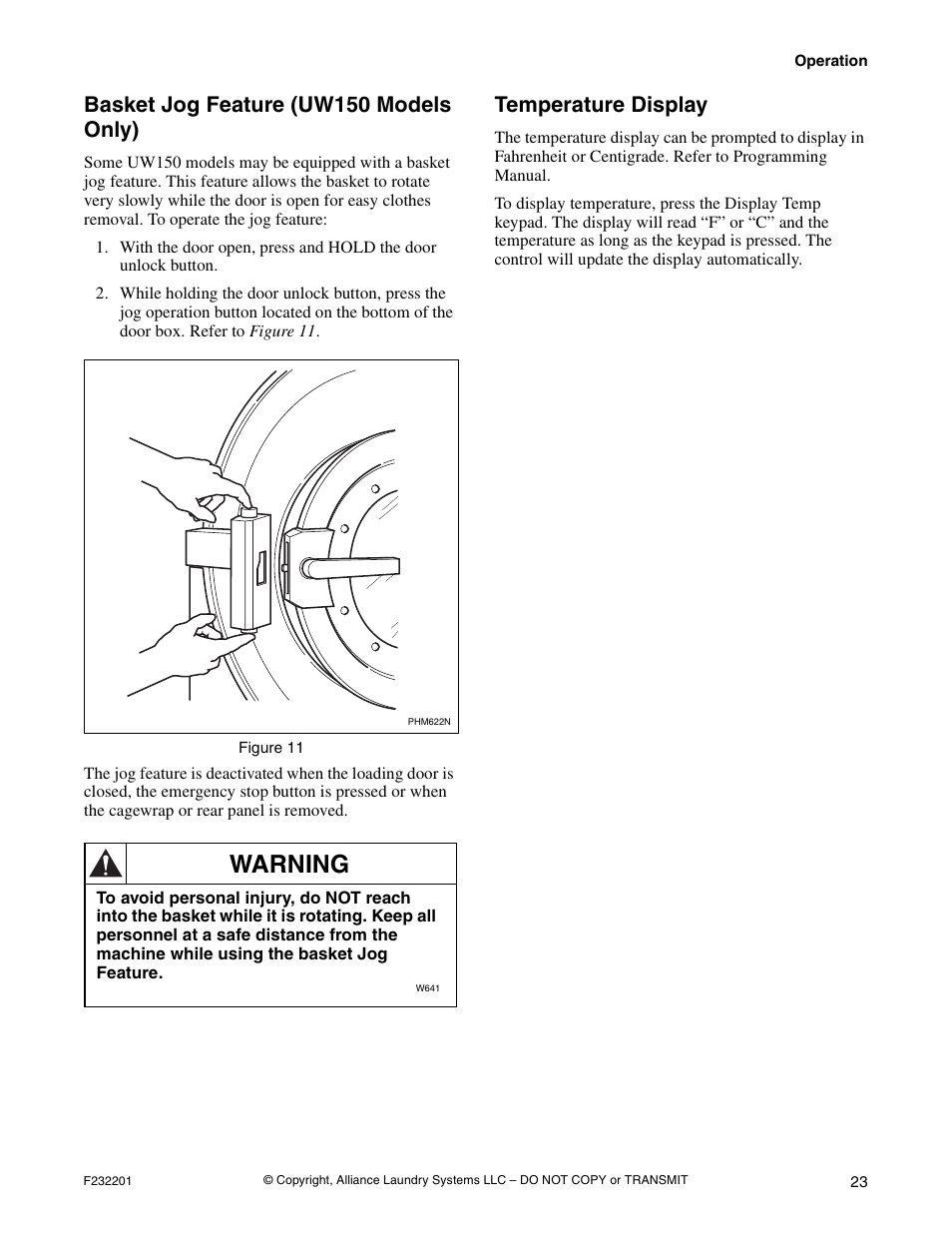 Warning, Basket jog feature (uw150 models only), Temperature display | Alliance Laundry Systems F232201R4 User Manual | Page 25 / 36