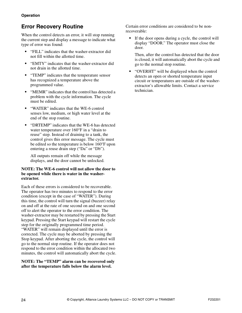 Error recovery routine | Alliance Laundry Systems F232201R4 User Manual | Page 26 / 36