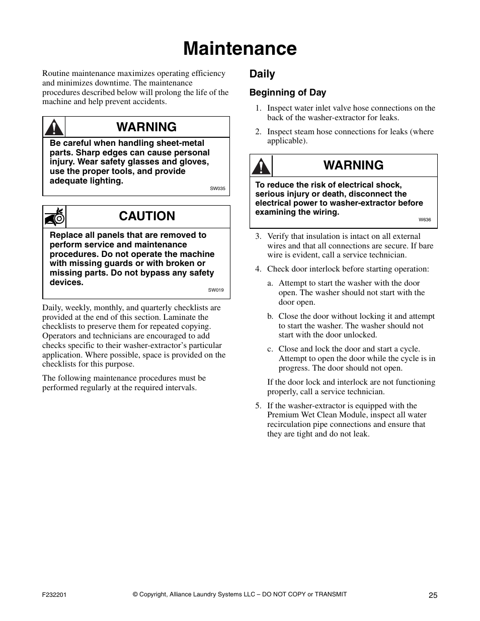 Maintenance, Daily, Beginning of day | Warning, Caution | Alliance Laundry Systems F232201R4 User Manual | Page 27 / 36